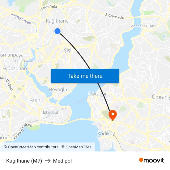 Kağıthane (M7) to Medipol map