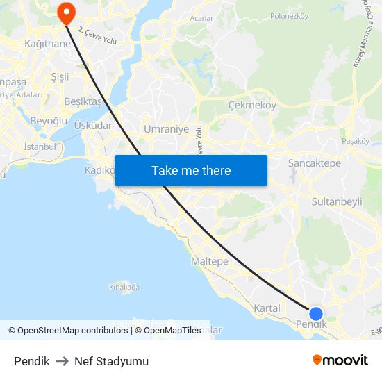 Pendik to Nef Stadyumu map