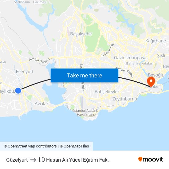 Güzelyurt to İ.Ü Hasan Ali Yücel Eğitim Fak. map
