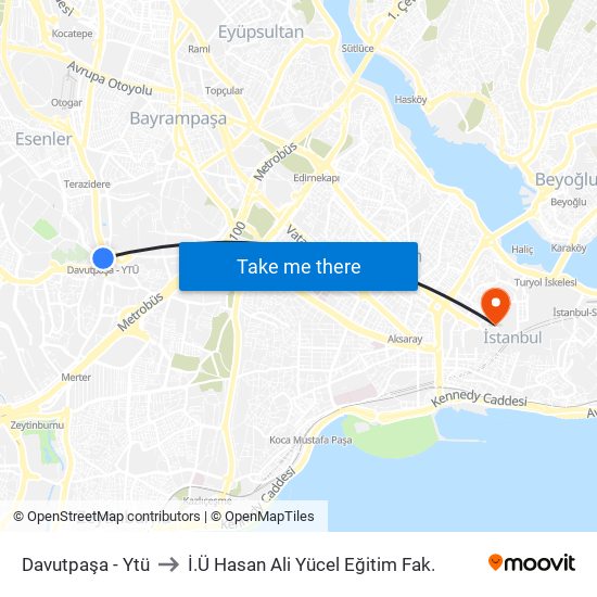 Davutpaşa - Ytü to İ.Ü Hasan Ali Yücel Eğitim Fak. map