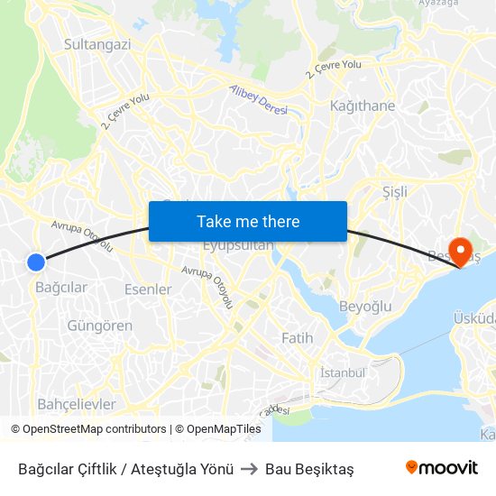 Bağcılar Çiftlik / Ateştuğla Yönü to Bau Beşiktaş map