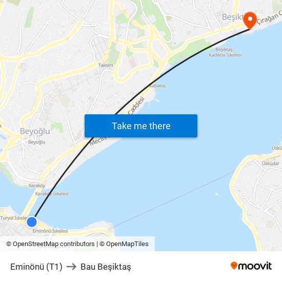 Eminönü (T1) to Bau Beşiktaş map