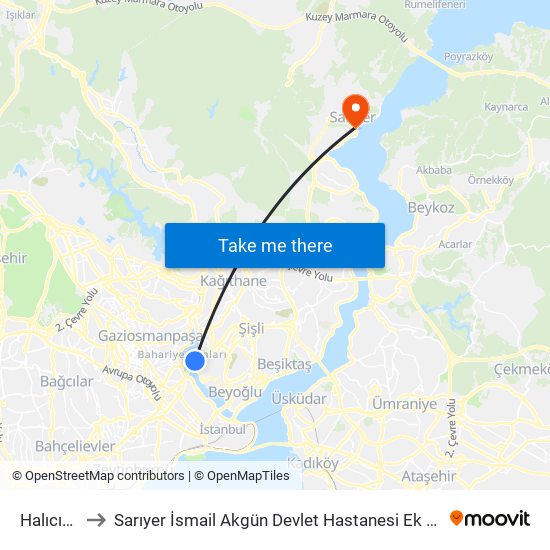 Halıcıoğlu to Sarıyer İsmail Akgün Devlet Hastanesi Ek Hizmet Binası map