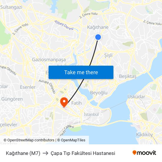 Kağıthane (M7) to Çapa Tıp Fakültesi Hastanesi map