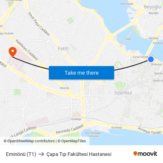 Eminönü (T1) to Çapa Tıp Fakültesi Hastanesi map