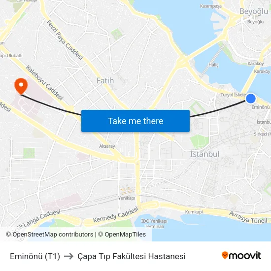 Eminönü (T1) to Çapa Tıp Fakültesi Hastanesi map