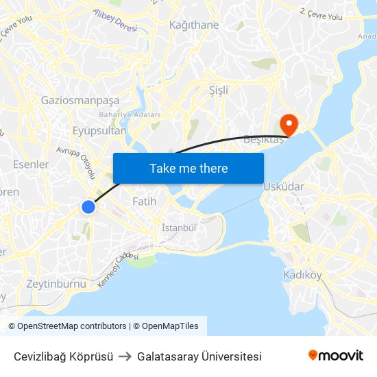 Cevizlibağ Köprüsü to Galatasaray Üniversitesi map