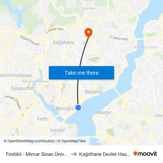 Fındıklı - Mimar Sinan Üniversitesi to Kağıthane Devlet Hastanesi map