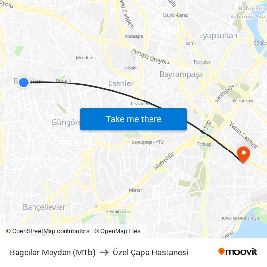 Bağcılar Meydan (M1b) to Özel Çapa Hastanesi map