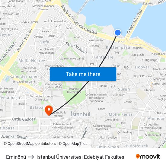 Eminönü to Istanbul Üniversitesi Edebiyat Fakültesi map