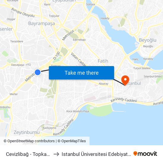 Cevizlibağ - Topkapi Yönü to Istanbul Üniversitesi Edebiyat Fakültesi map