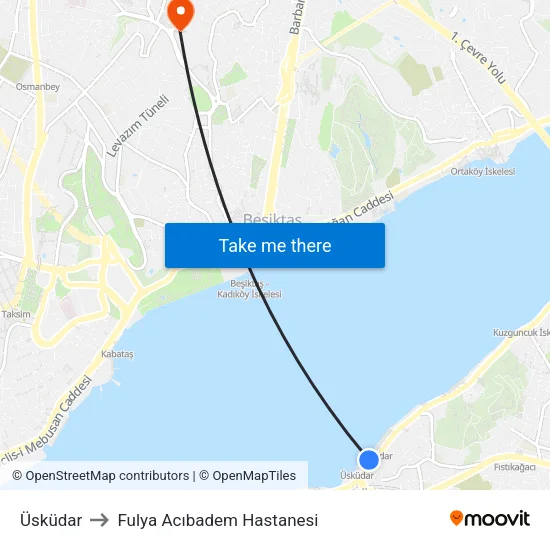 Üsküdar to Fulya Acıbadem Hastanesi map