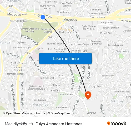 Mecidiyeköy to Fulya Acıbadem Hastanesi map
