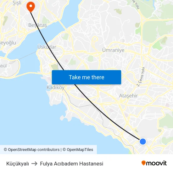 Küçükyalı to Fulya Acıbadem Hastanesi map