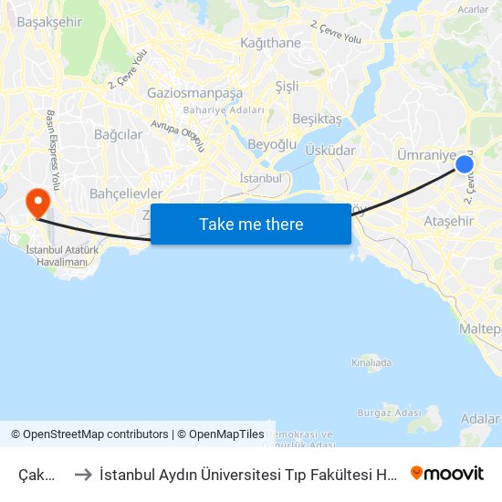 Çakmak to İstanbul Aydın Üniversitesi Tıp Fakültesi Hastanesi map