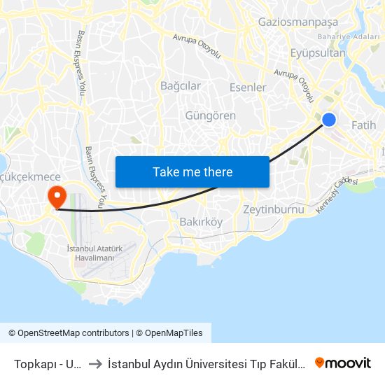 Topkapı - Ulubatlı to İstanbul Aydın Üniversitesi Tıp Fakültesi Hastanesi map
