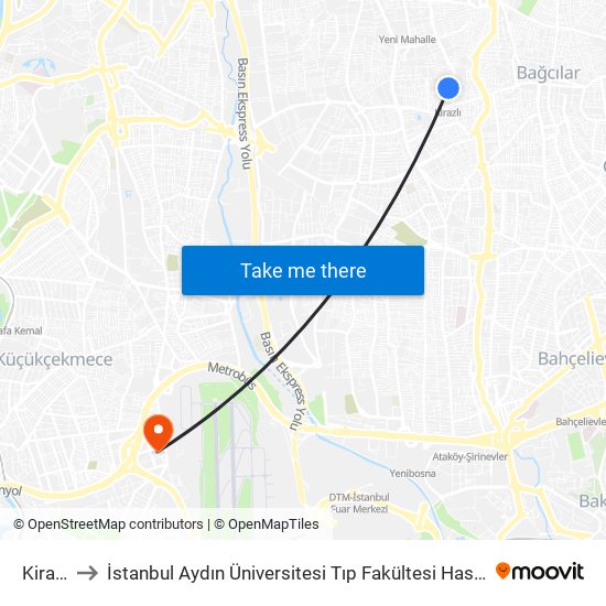 Kirazlı to İstanbul Aydın Üniversitesi Tıp Fakültesi Hastanesi map