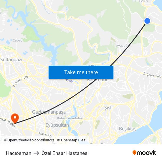 Hacıosman to Özel Ensar Hastanesi map