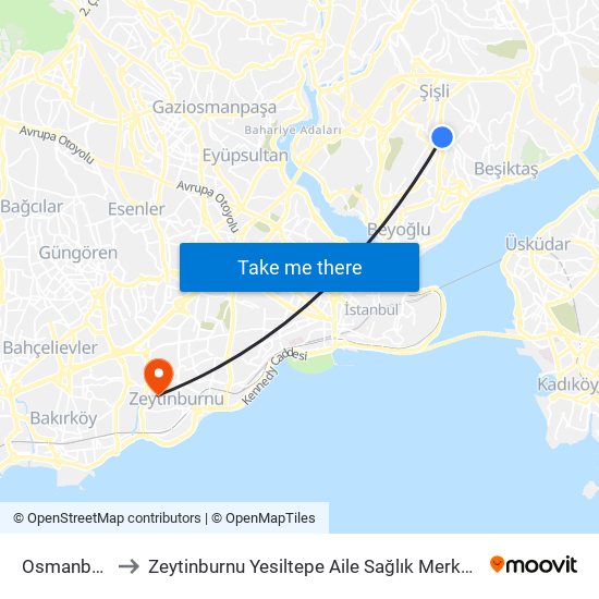 Osmanbey to Zeytinburnu Yesiltepe Aile Sağlık Merkezi map