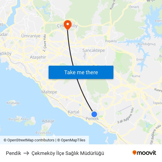 Pendik to Çekmeköy İlçe Sağlık Müdürlüğü map
