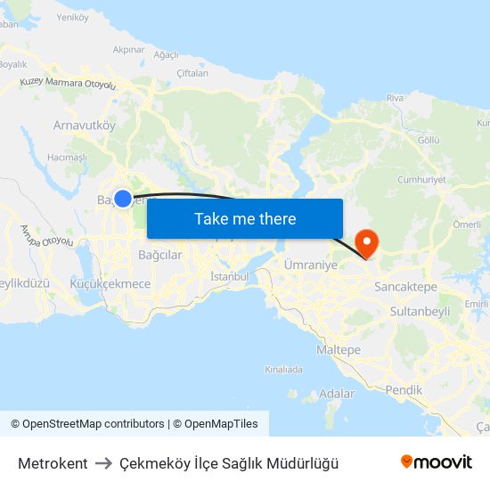 Metrokent to Çekmeköy İlçe Sağlık Müdürlüğü map