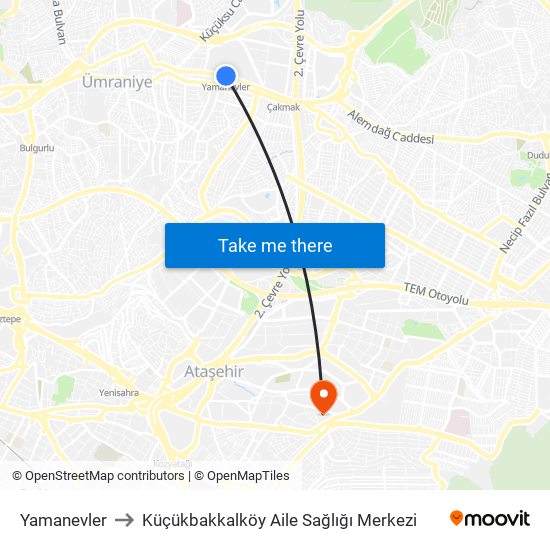 Yamanevler to Küçükbakkalköy Aile Sağlığı Merkezi map