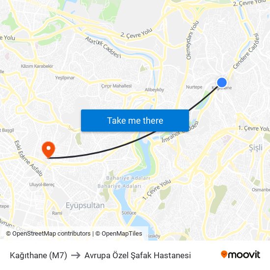 Kağıthane (M7) to Avrupa Özel Şafak Hastanesi map