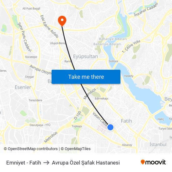 Emniyet - Fatih to Avrupa Özel Şafak Hastanesi map