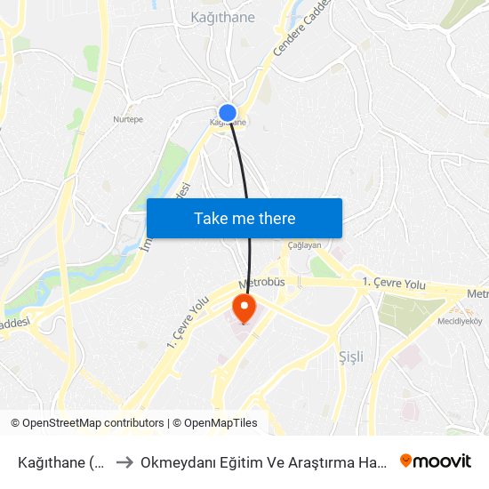 Kağıthane (M7) to Okmeydanı Eğitim Ve Araştırma Hastanesi map