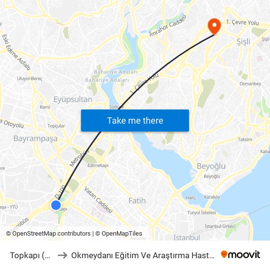 Topkapı (T1) to Okmeydanı Eğitim Ve Araştırma Hastanesi map