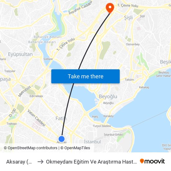 Aksaray (M1) to Okmeydanı Eğitim Ve Araştırma Hastanesi map