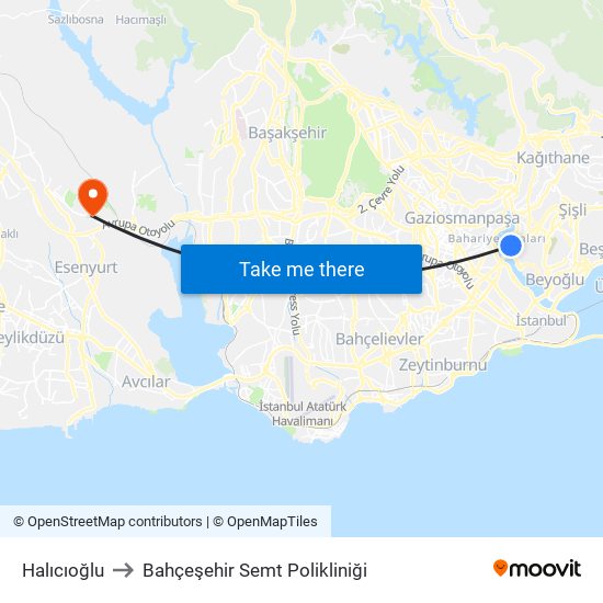 Halıcıoğlu to Bahçeşehir Semt Polikliniği map