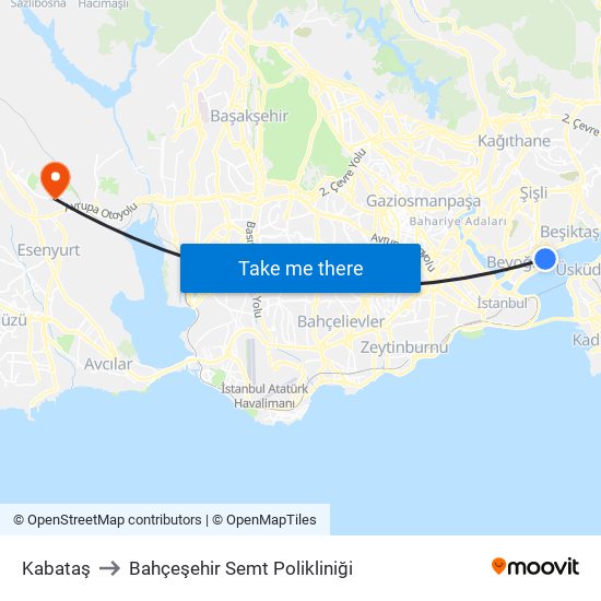 Kabataş to Bahçeşehir Semt Polikliniği map