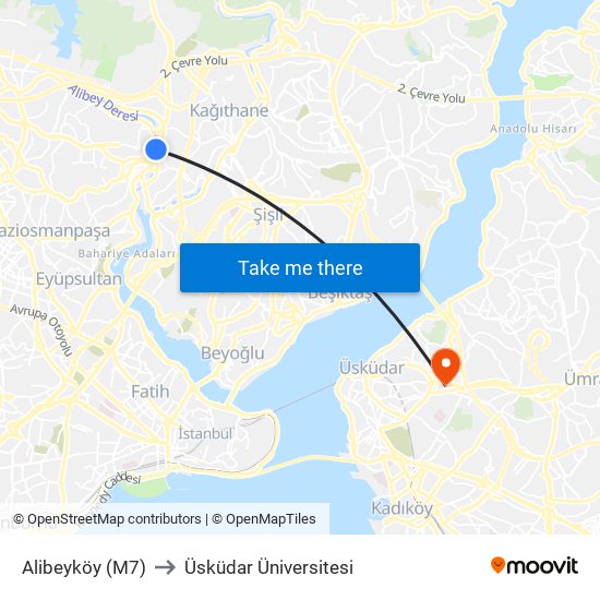 Alibeyköy (M7) to Üsküdar Üniversitesi map
