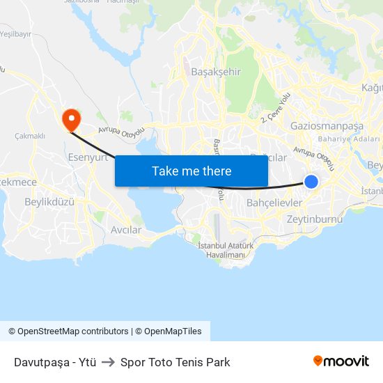 Davutpaşa - Ytü to Spor Toto Tenis Park map