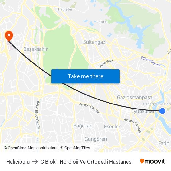 Halıcıoğlu to C Blok - Nöroloji Ve Ortopedi Hastanesi map