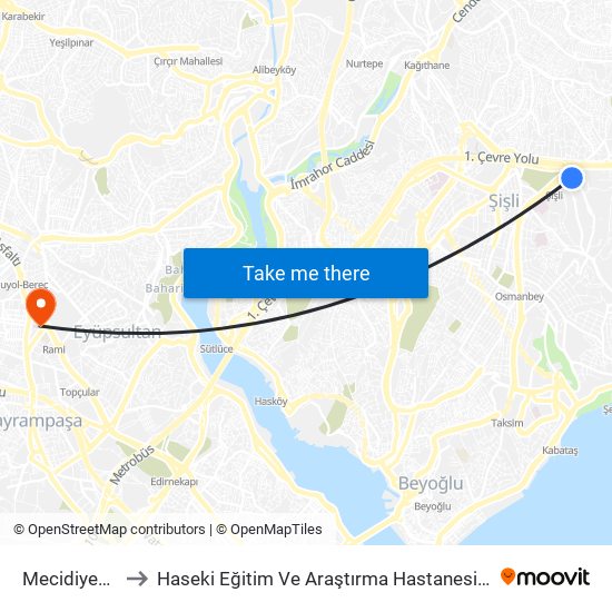 Mecidiyeköy (M7) to Haseki Eğitim Ve Araştırma Hastanesi Topçular Semt Polikliniği map