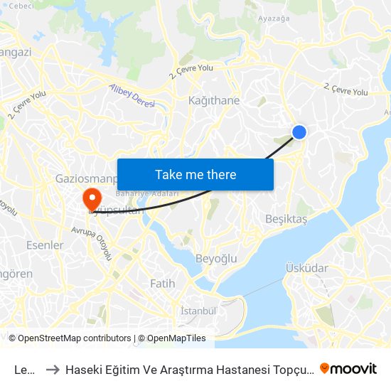 Levent to Haseki Eğitim Ve Araştırma Hastanesi Topçular Semt Polikliniği map