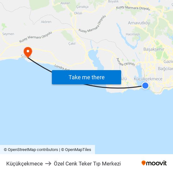 Küçükçekmece to Özel Cenk Teker Tıp Merkezi map