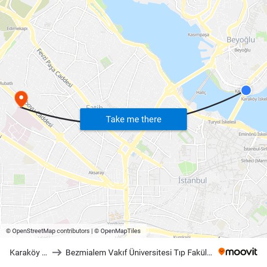 Karaköy (T1) to Bezmialem Vakıf Üniversitesi Tıp Fakültesi Acil Tıp map