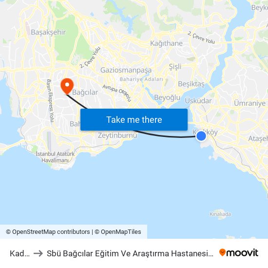 Kadıköy to Sbü Bağcılar Eğitim Ve Araştırma Hastanesi Güneşli Semt Polikliniğ map