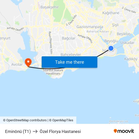 Eminönü (T1) to Özel Florya Hastanesi map