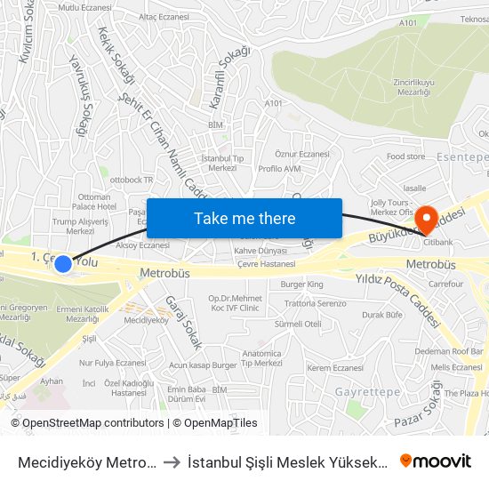 Mecidiyeköy Metrobus to İstanbul Şişli Meslek Yüksekokulu map