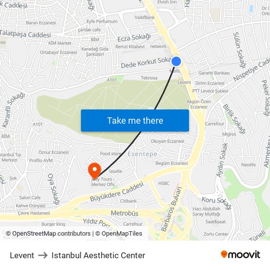 Levent to Istanbul Aesthetic Center map