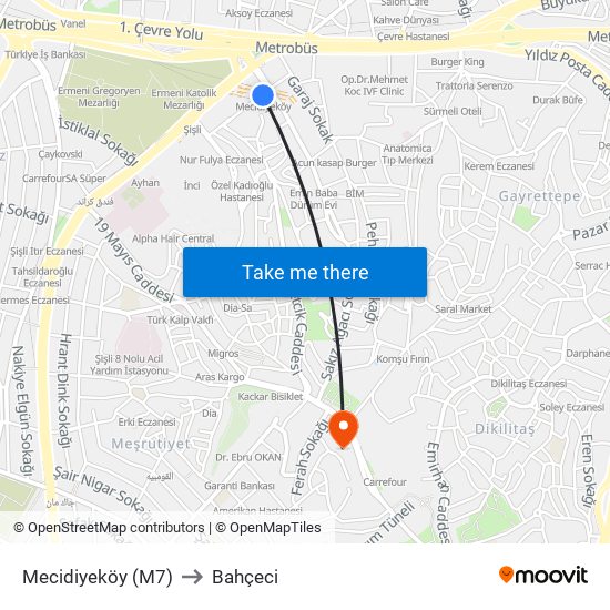 Mecidiyeköy (M7) to Bahçeci map