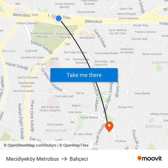 Mecidiyeköy Metrobus to Bahçeci map