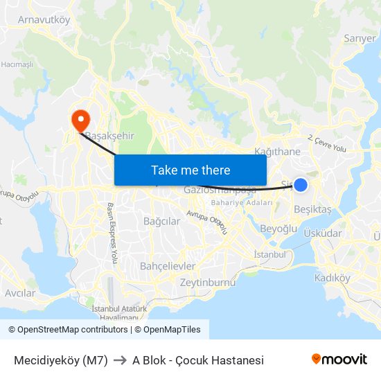 Mecidiyeköy (M7) to A Blok - Çocuk Hastanesi map