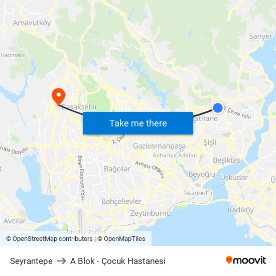 Seyrantepe to A Blok - Çocuk Hastanesi map