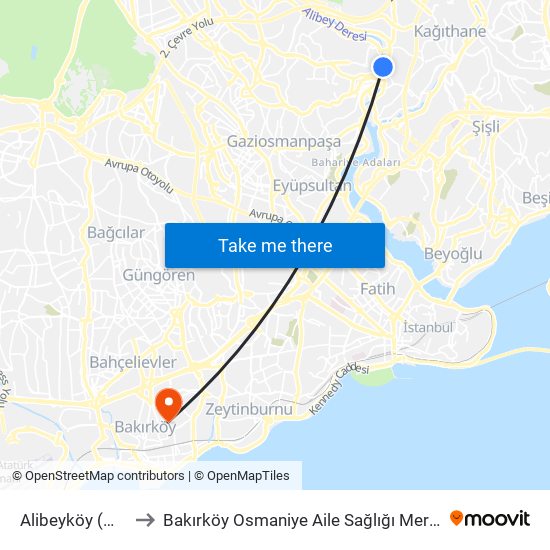 Alibeyköy (M7) to Bakırköy Osmaniye Aile Sağlığı Merkezi map