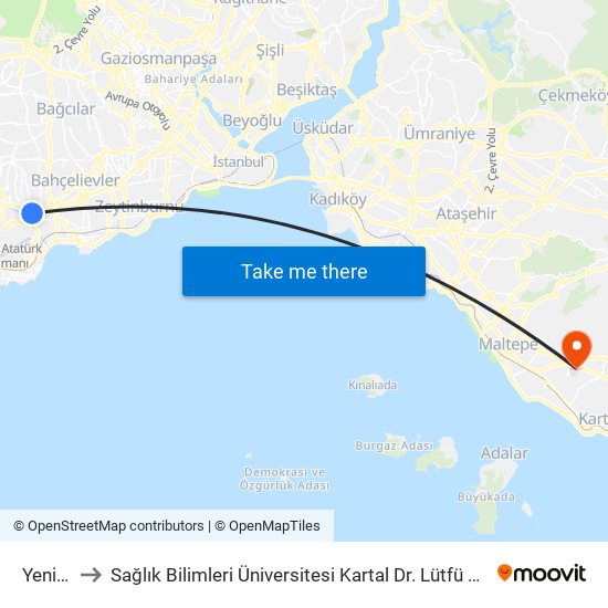 Yenibosna to Sağlık Bilimleri Üniversitesi Kartal Dr. Lütfü Kırdar Eğitim & Araştırma Hastanesi map